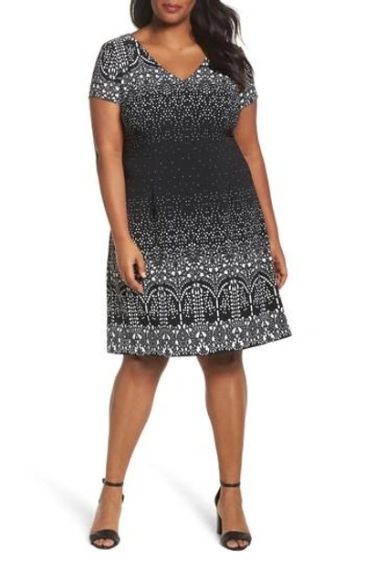 Adrianna Papell Lace Majesty Print A-line Dress In Black Multi