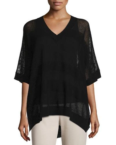 Joan Vass Mesh Striped Sweater, Plus Size In Black