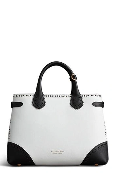 Burberry Medium Banner House Check & Brogue Calfskin Tote - White In White Black