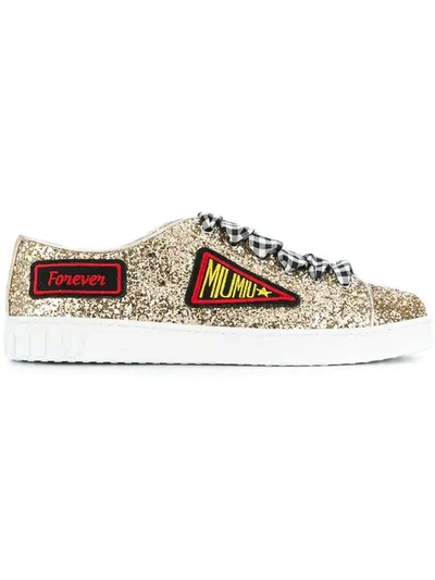 Miu Miu Patch Embroidered Glittered Trainers In Gold