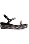 Christian Louboutin Pyraclou Spike Denim Low-wedge Red Sole Sandal In Black