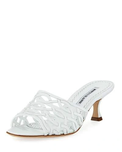 Manolo Blahnik Bensa Cutout Leather Slide Sandal In White