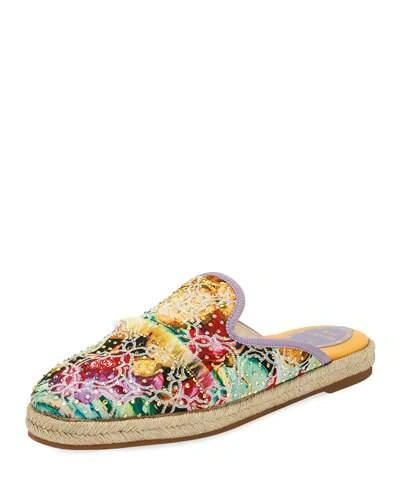 René Caovilla Studded Embroidered Flat Espadrille Mule In Multi Pattern