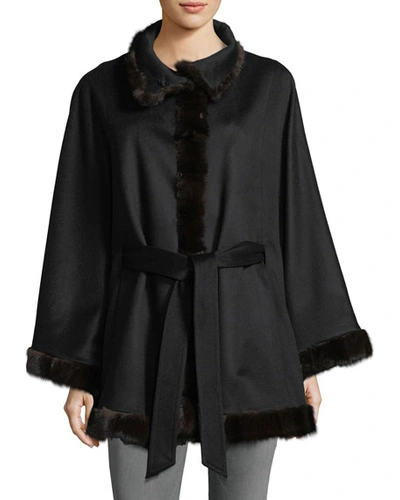 Sofia Cashmere Belted Cashmere Cape W/ Cross Cut Mink Fur Trim In Black
