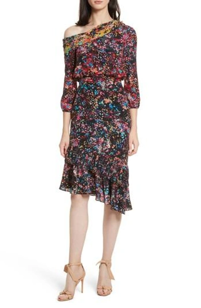 Saloni Lexie Floral Print Silk Off The Shoulder Dress In Navy Fern