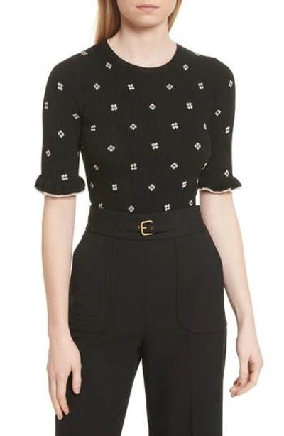 Red Valentino Flower Intarsia Knit Top In Black/ Gold