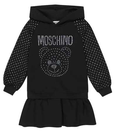 Moschino Kids' Embellished Cotton-blend Hooded Dress In Black