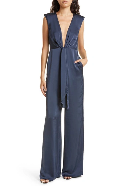 Ramy Brook Heather Satin Plunging V-neck Jumpsuit In Navy