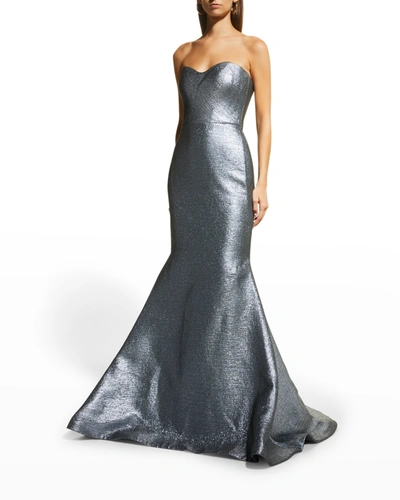 Romona Keveza Strapless Metallic Linen Mermaid Gown In Platinum