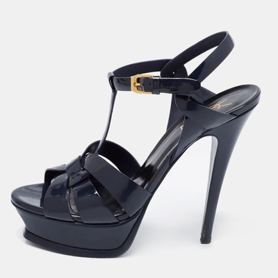 Pre-owned Saint Laurent Black Patent Leather Tribute Platform Sandals Size 37.5