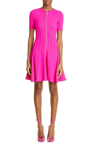 Oscar De La Renta Pintuck Zip Front Wool Blend Fit & Flare Sweater Dress In Cerise