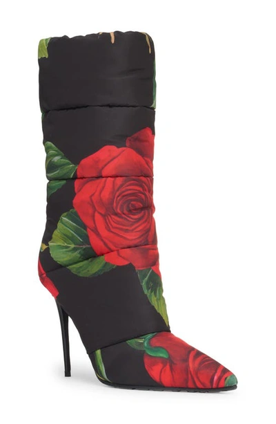 Dolce & Gabbana Rose-print Padded Stiletto Boots In Rose Nero