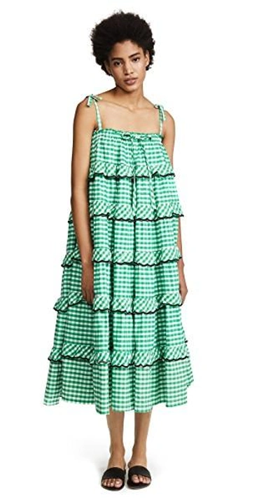 Innika Choo Tiered Embroidered Gingham Cotton Midi Dress In Green | ModeSens