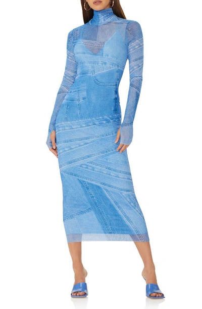 Afrm Shailene Mesh Long Sleeve Midi Dress In Blue Denim