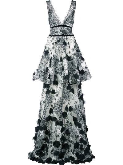Marchesa Notte Embroidered Maxi Dress In Black