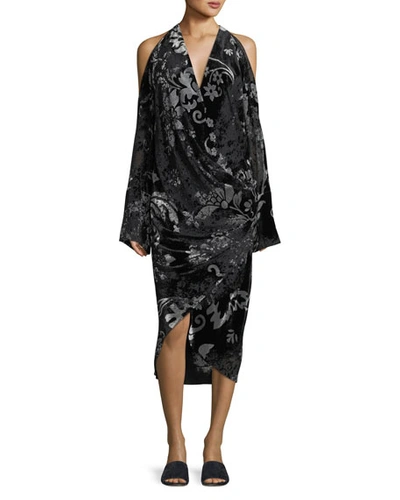 Urban Zen Convertible Velvet Devore Cold-shoulder Dress In Black