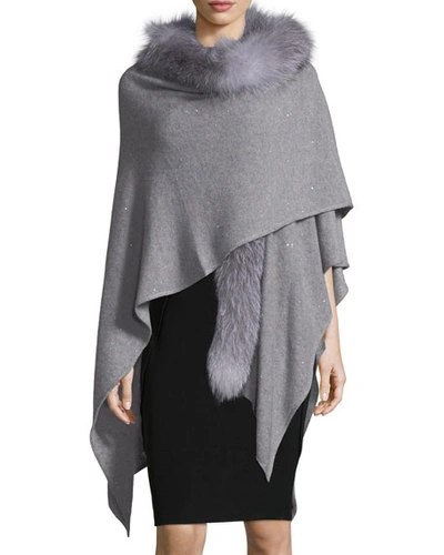 Sofia Cashmere Cashmere-blend Sequin Ruana Wrap W/ Fur Trim In Gray
