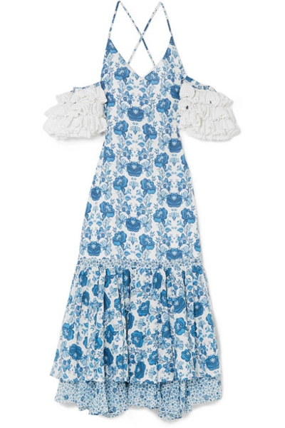 All Things Mochi Natalia Crochet-trimmed Printed Cotton Midi Dress In Azure