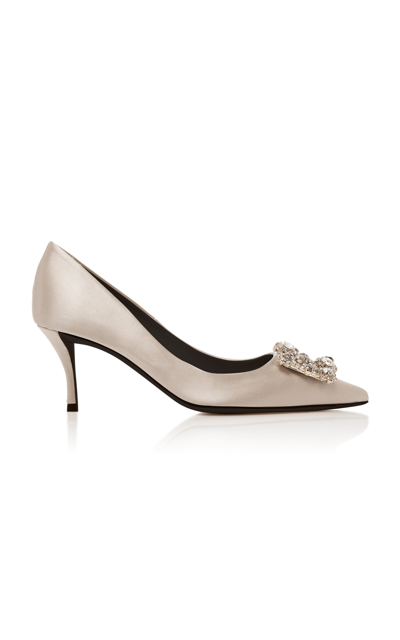 Roger Vivier Flower Crystal-embellished Satin Pumps In Neutral