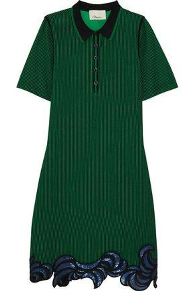 3.1 Phillip Lim Woman Sequin-embellished Appliquéd Ribbed-knit Mini Shirt Dress Green