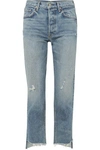 Grlfrnd Helena Cropped Distressed High-rise Straight-leg Jeans In Mid Denim