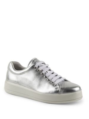 Prada Metallic Leather Lace-up Platform Sneaker In Metallic Silver ...