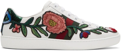 Gucci Ace Watersnake-trimmed Appliquéd Leather Sneakers In White