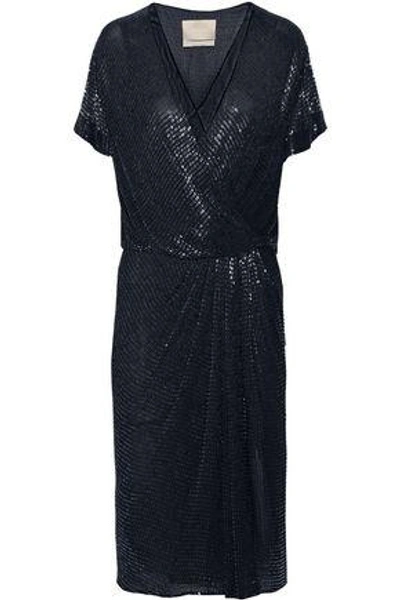 Jason Wu Woman Beaded Silk-chiffon Wrap-effect Dress Navy