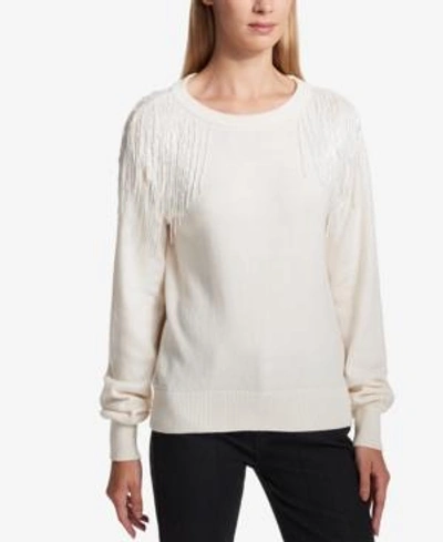 Dkny Crew Neck With Beaded Fringe In Ivory