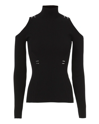Mugler Cold-shoulder Embellished Ribbed-knit Top In Black