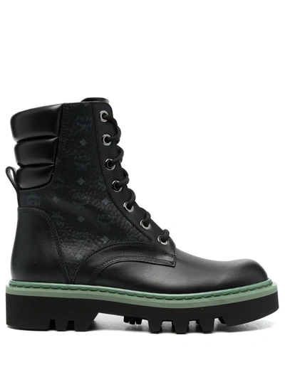Mcm Monogram Leather Combat Boots In Black