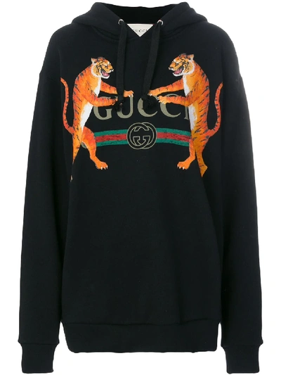 Gucci Logo And Tigers Print Hoodie In Black/ Multicolor | ModeSens
