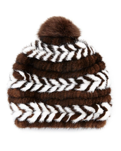 Surell Mink Fur Beanie Hat, Brown/white