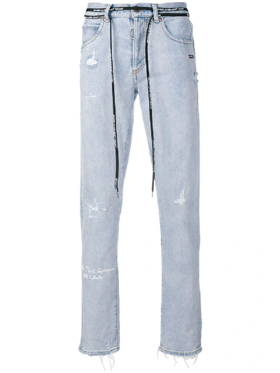 Off-white Slim-fit Distressed Printed Bleached Denim Jeans In Light Denim