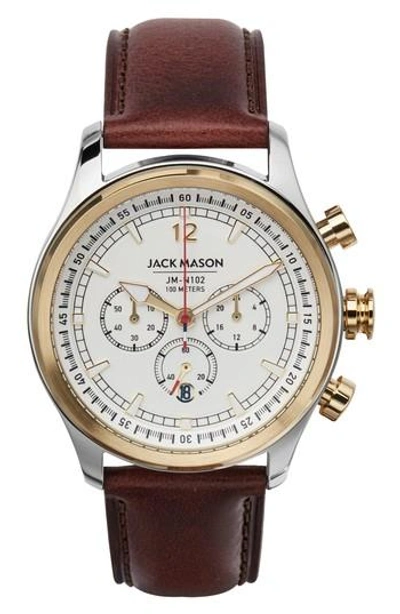 Jack Mason Nautical Chronograph Leather Strap Watch, 42mm In White/ Brown