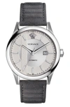 Versace 44mm Aiakos Men's Automatic Watch With Gray Leather Strap In Grey/ Silver