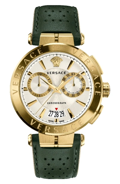 Versace Aion Chronograph Watch With Green Leather Strap In Grey/ Silver/ Gold