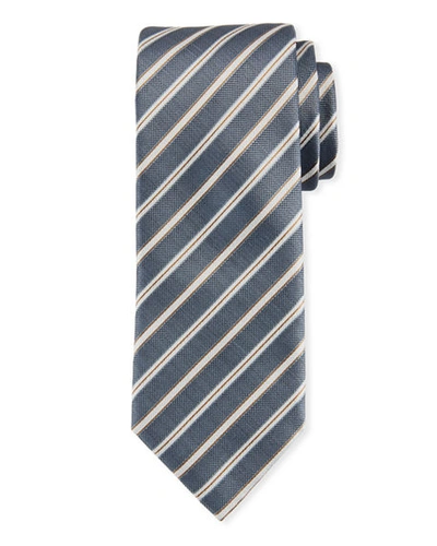 Brioni Satin Stripe Silk Tie In Blue/gray