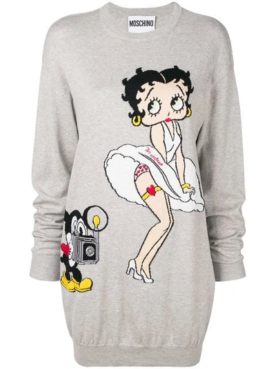 Moschino Betty Boop Cotton Intarsia Knit Dress In Grey