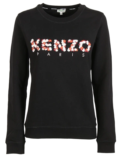 Kenzo Floral Black Fleece With Flower Embroidery In Nero