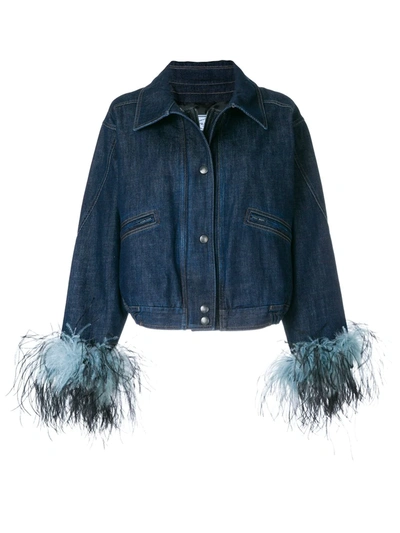 Prada Feather-trimmed Denim Jacket In Blue