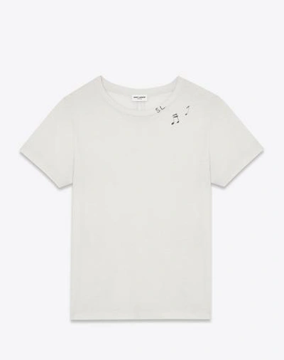 Saint Laurent Classic Short Sleeve T-shirt In Ivory And Black Sl Musical Notes Printed Cotton Jersey In White