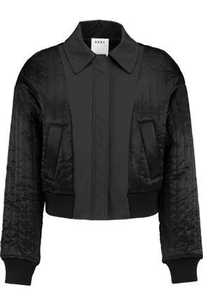 Dkny Woman Cropped Shell-paneled Quilted Satin Bomber Jacket Black
