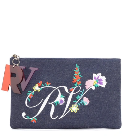 Roger Vivier Embroidered Denim Clutch In Blue