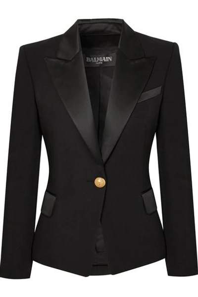 Balmain Satin-trimmed Wool Blazer In Black