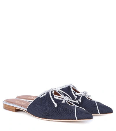Malone Souliers Vilvin Navy Blue Moire Fabric And Silver Metallic Nappa Leather Flat Mules