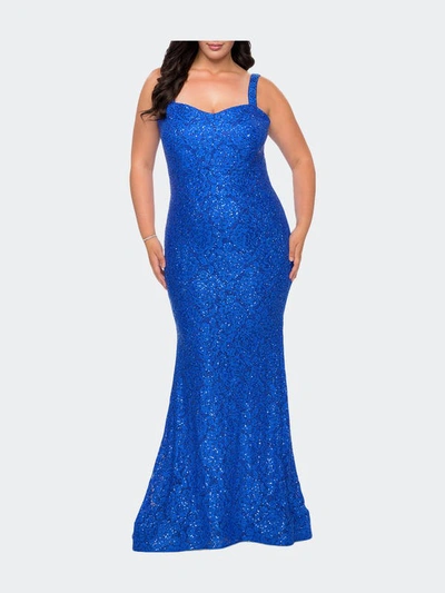 La Femme Rhinestone Lace Curve Dress In Blue