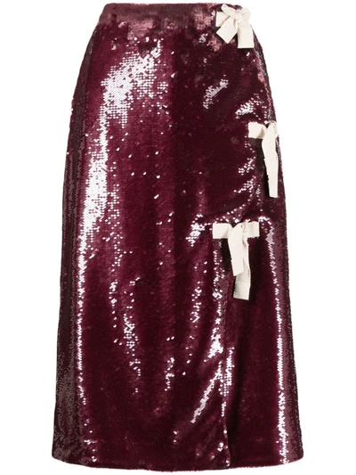 Ganni Bow-embellished Sequinned Midi Skirt In Red