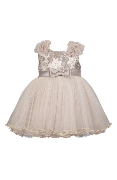 Gerson & Gerson Babies' Embroidered Satin Bow Mesh Dress In Taupe