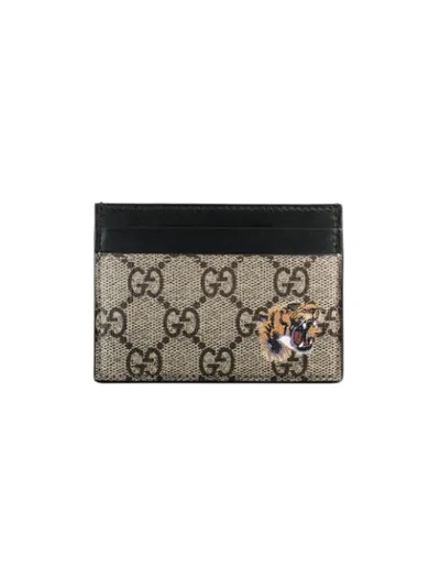 Gucci Gg Supreme Tiger-print Canvas Cardholder In Beige